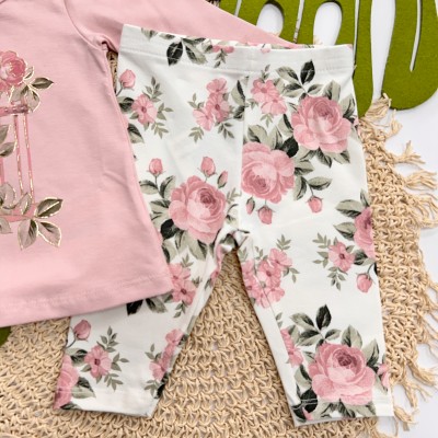  Inverno 2025 - Conj. Blusa Gaiola e Calça Legging Floral - Off White e Rose